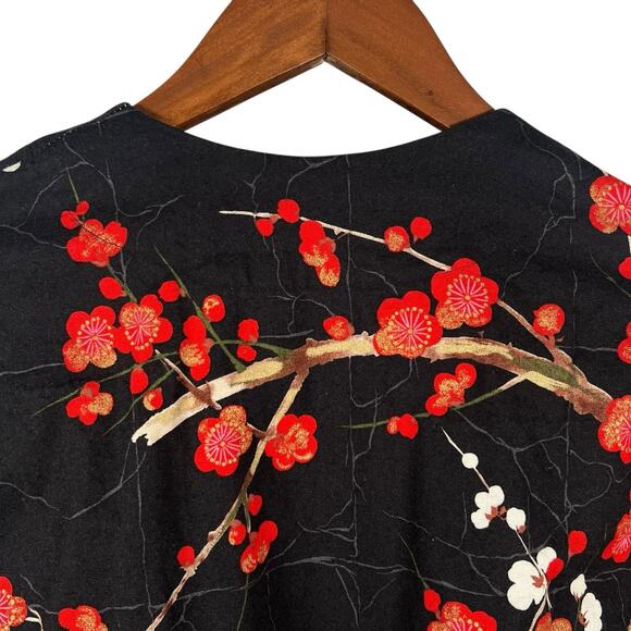 Black Japanese Cherry Blossom Print Short Robe With Belt Size Small/Medium - Picture 10 of 11
